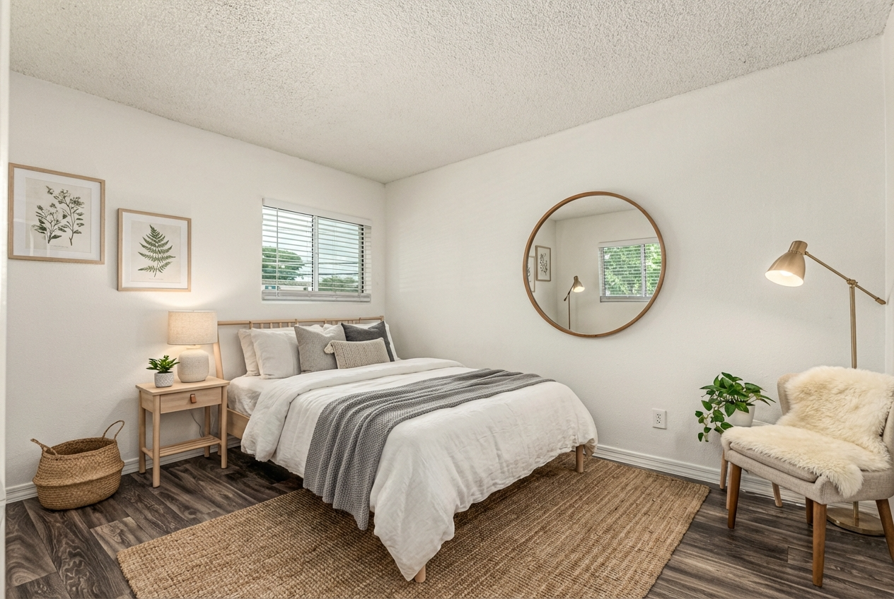 Virtually staged bedroom at The Forté Apartments.